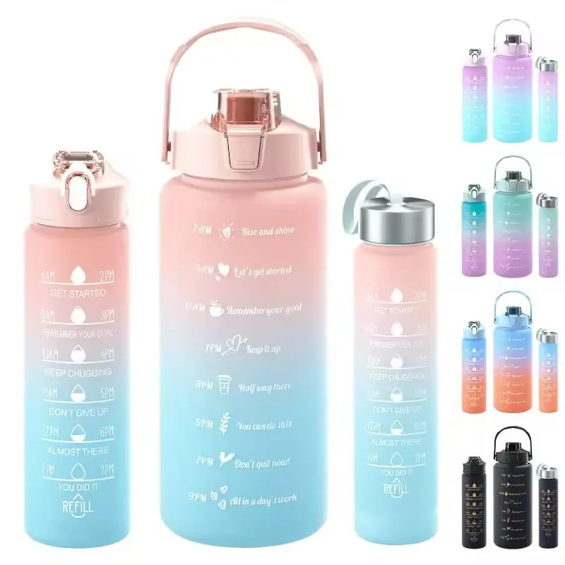 3pcs Water Bottle Set With Straw, Bottle & Straw Cleaner, Gradient Color Drinking Water Bottle For Girls And Female Gym With Handle, Portable Water Bottle For School, Fitness, Outdoor Sports, BPA Free Grade Plastic Travel Water Bottles , 3pcs Water Bottle