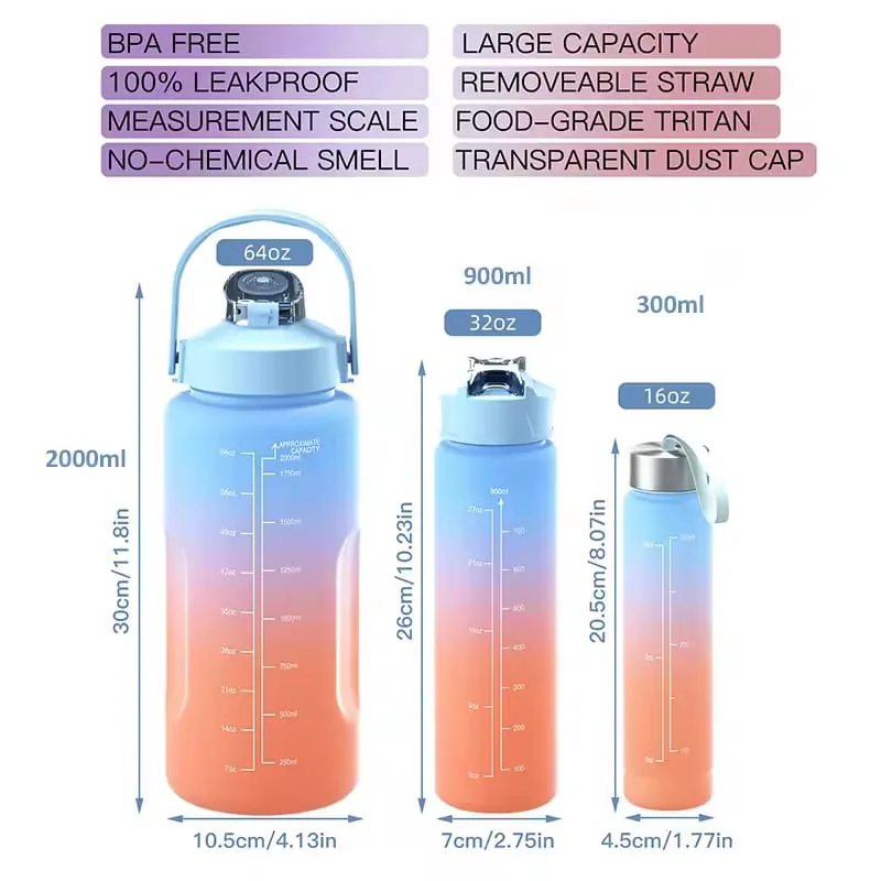 3pcs Water Bottle Set With Straw, Bottle & Straw Cleaner, Gradient Color Drinking Water Bottle For Girls And Female Gym With Handle, Portable Water Bottle For School, Fitness, Outdoor Sports, BPA Free Grade Plastic Travel Water Bottles , 3pcs Water Bottle