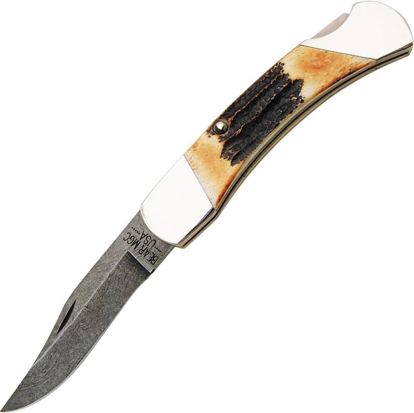 Bear and Son Folding Hunter Stag Lock Back Knife (3.75" Damascus), Bear and Son Folding Hunter Stag Lock Back Knife (3.75" Damascus) for Sale, Bear and Son Folding Hunter Stag Lock Back Knife (3.75" Damascus)