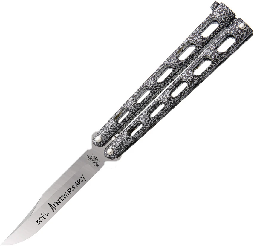 Bear & Son 30th Anniversary 114  Butterfly Knife Silver Vein Zinc (5" Satin), Bear & Son 30th Anniversary 114  Butterfly Knife Silver Vein Zinc (5" Satin) for Sale, Bear & Son 30th Anniversary 114  Butterfly Knife Silver Vein Zinc (5" Satin)
