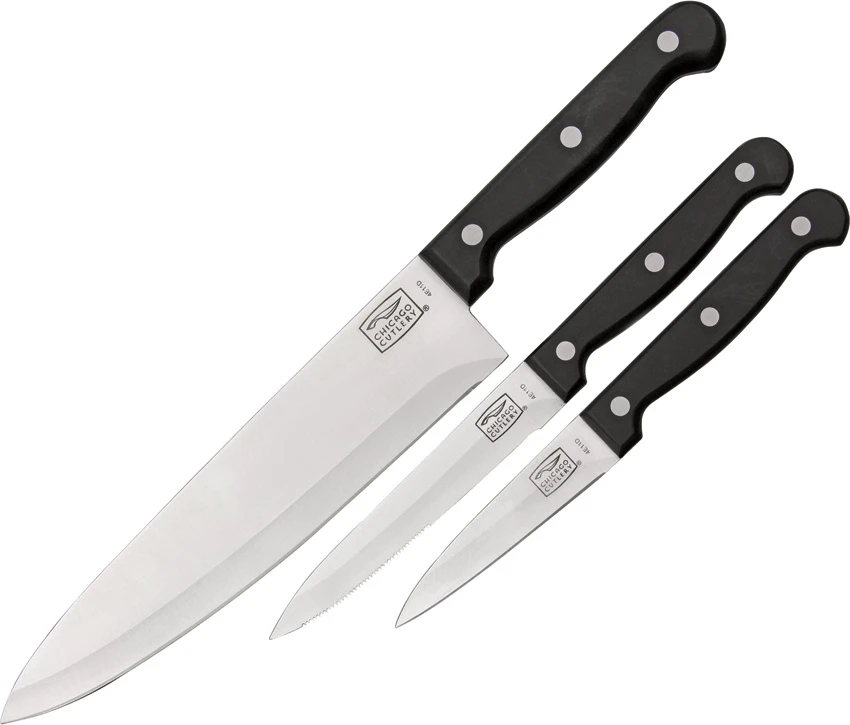 Chicago Cutlery Essentials Kitchen Knife 3-Piece Set Black Polymer (8" Satin), Chicago Cutlery Essentials Kitchen Knife 3-Piece Set Black Polymer (8" Satin) for Sale, Chicago Cutlery Essentials Kitchen Knife 3-Piece Set Black Polymer (8" Satin)