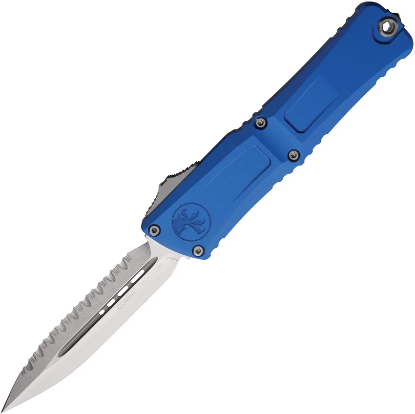 Microtech Combat Troodon Gen III D/E OTF Knife Blue Aluminum (3.8" SW Full Serr), Microtech Combat Troodon Gen III D/E OTF Knife Blue Aluminum (3.8" SW Full Serr) for Sale, Microtech Combat Troodon Gen III D/E OTF Knife Blue Aluminum (3.8" SW Full Serr)