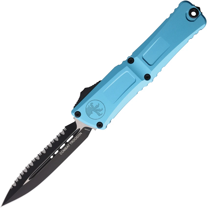 Microtech Combat Troodon Gen III D/E OTF Knife Turquoise (3.8" Black Full Serr), Microtech Combat Troodon Gen III D/E OTF Knife Turquoise (3.8" Black Full Serr) for Sale, Microtech Combat Troodon Gen III D/E OTF Knife Turquoise (3.8" Black Full Serr)