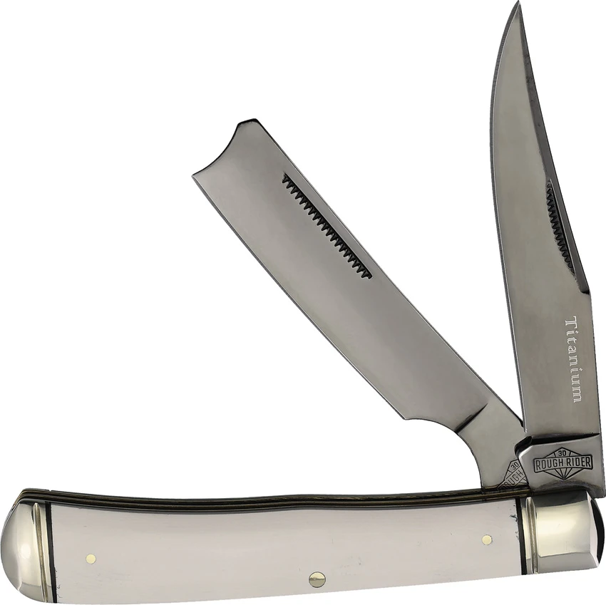 Rough Rider White Micarta Tuxedo Razor Trapper (3.25" Gray), Rough Rider White Micarta Tuxedo Razor Trapper (3.25" Gray) for Sale, Rough Rider White Micarta Tuxedo Razor Trapper (3.25" Gray)