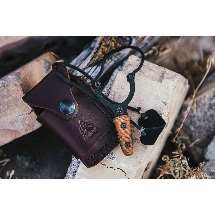TOPS Knives Mini "Sling" Slingshot Tan Canvas Micarta w/ Leather Sheath, TOPS Knives Mini "Sling" Slingshot Tan Canvas Micarta w/ Leather Sheath for Sale, TOPS Knives Mini "Sling" Slingshot Tan Canvas Micarta w/ Leather Sheath