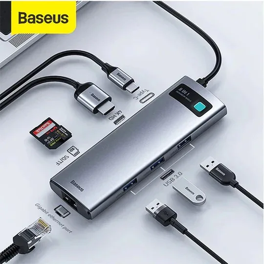 Baseus Metal Gleam Series 8-in-1 Multifunctional Type-C  HUB Docking Station  Gray（Type-C to  HDMI*1+USB3.0*3+PD*1+RJ45* 1+SD/TF*1) , Baseus Metal Gleam Series 8-in-1 Multifunctional Type-C  HUB Docking Station  Gray（Type-C to  HDMI*1+USB3.0*3+PD*1+RJ45* 